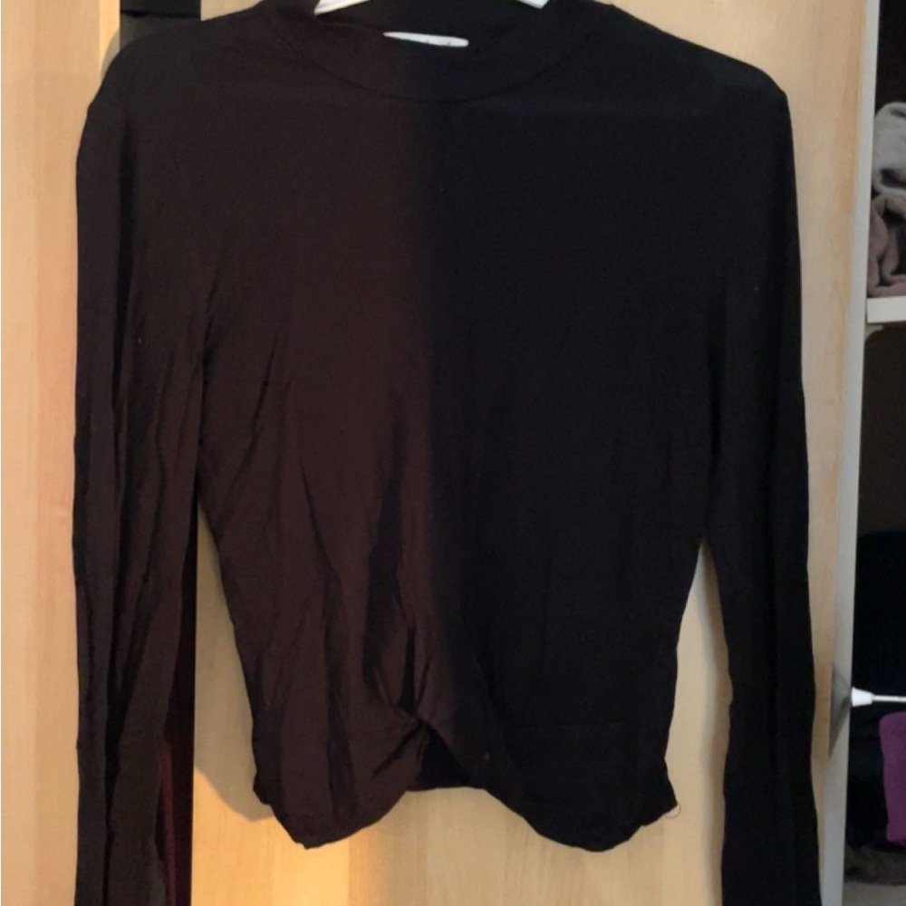 Black Long Sleeve Top With Front-Knot Detail